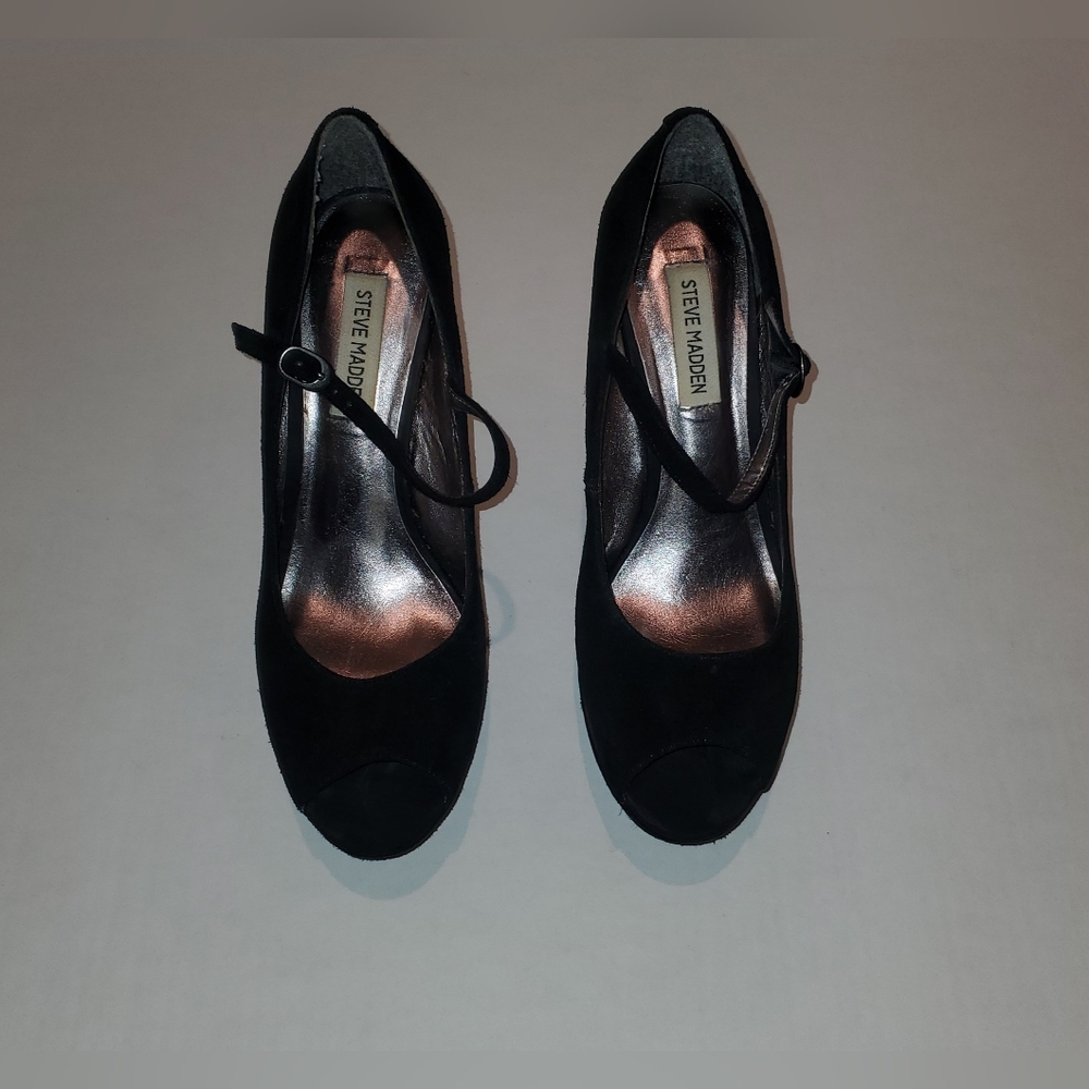 Steve Madden Sofiaa Suede Black Wedge Peep Toe Shoes Sz 10 - Picture 4 of 11